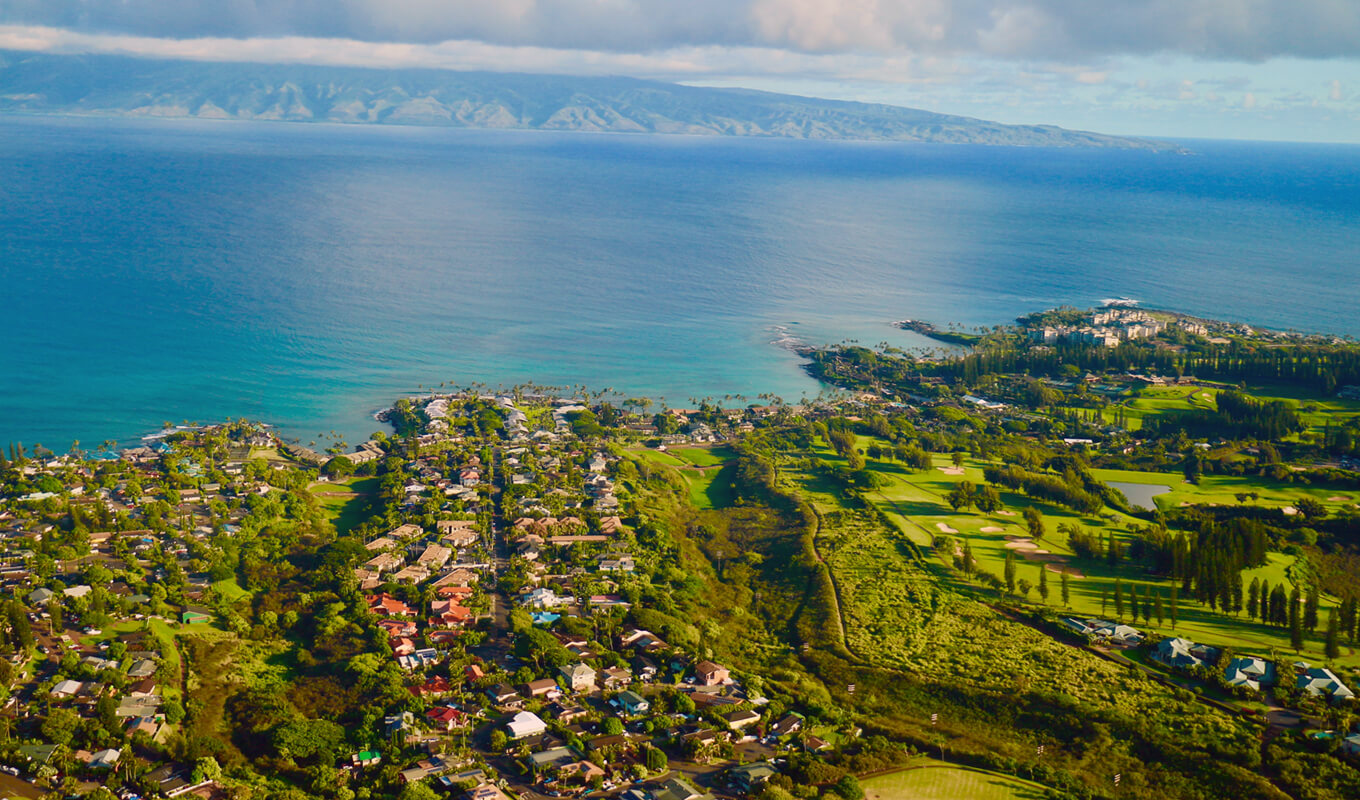 Wide aerial photo of Napili bay, Maui
