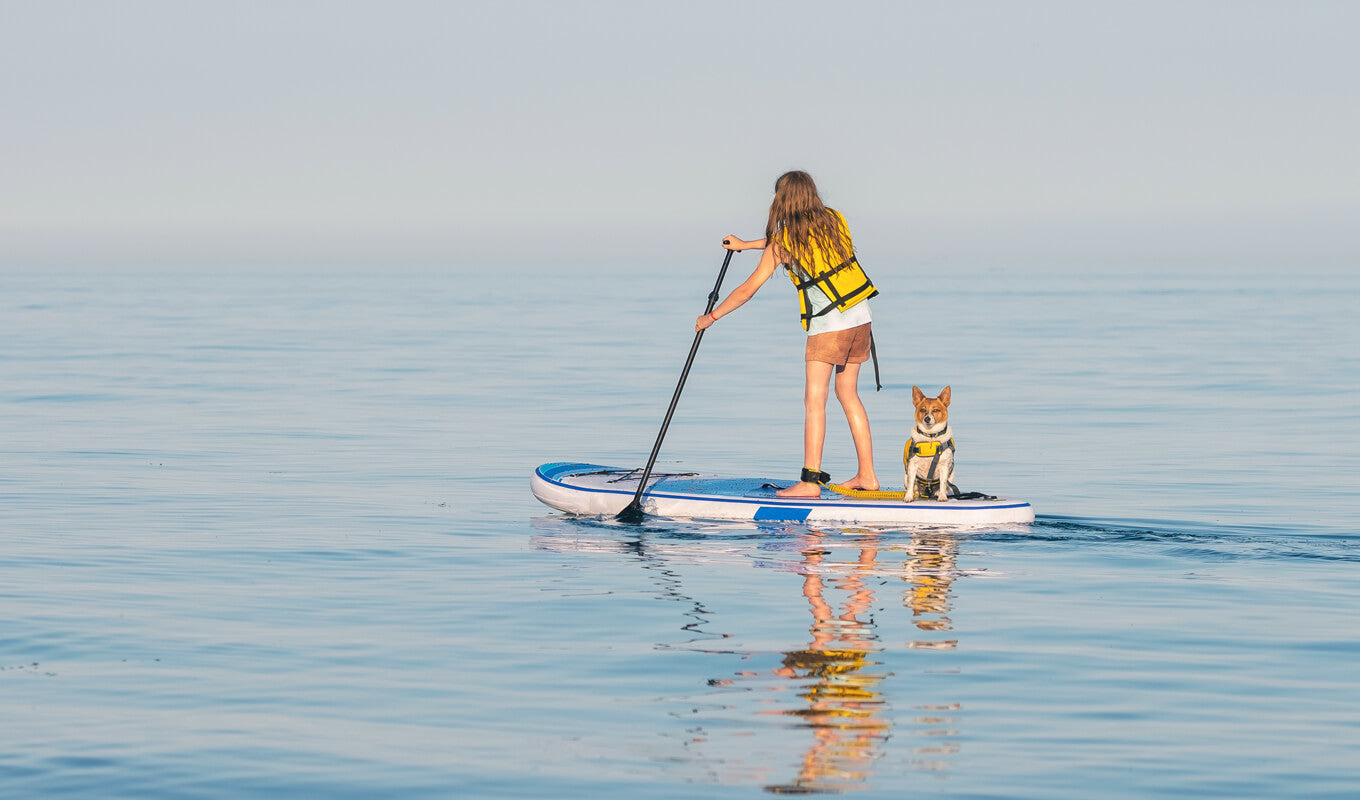Young teenage girl in a life vest paddle boarding on a stand up paddle board with pet dog at Lake Ontario