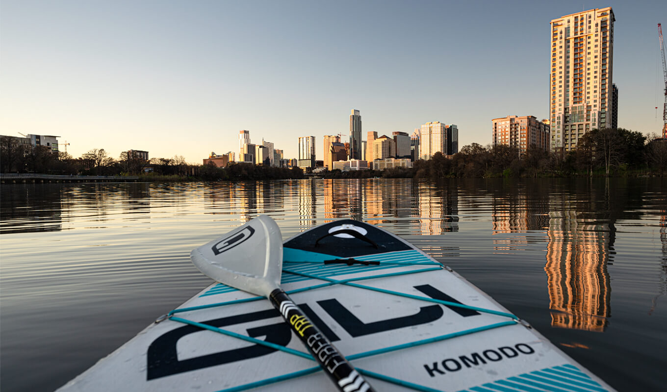 View of Vancouver and the front board of Komodo iSUP