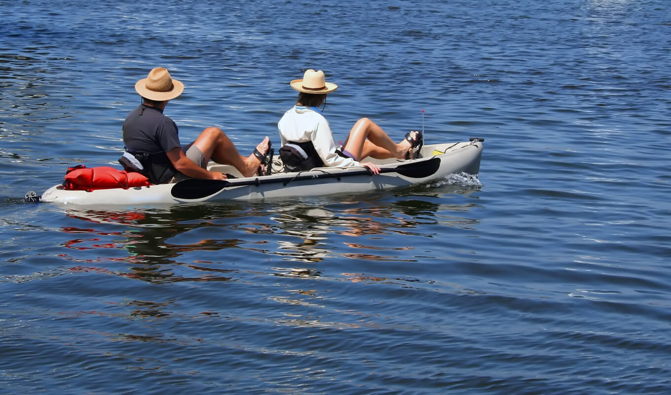 Man and a woman tandem kayak with a pedal