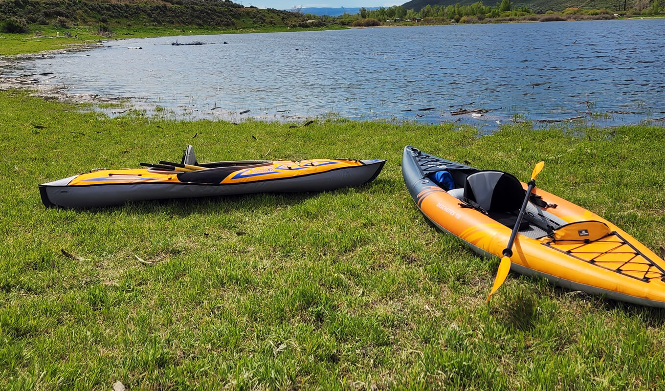Two inflatable yellow kayak