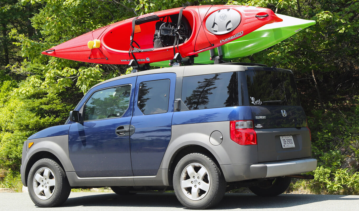 Kayak tie down on a kayak roof rack system