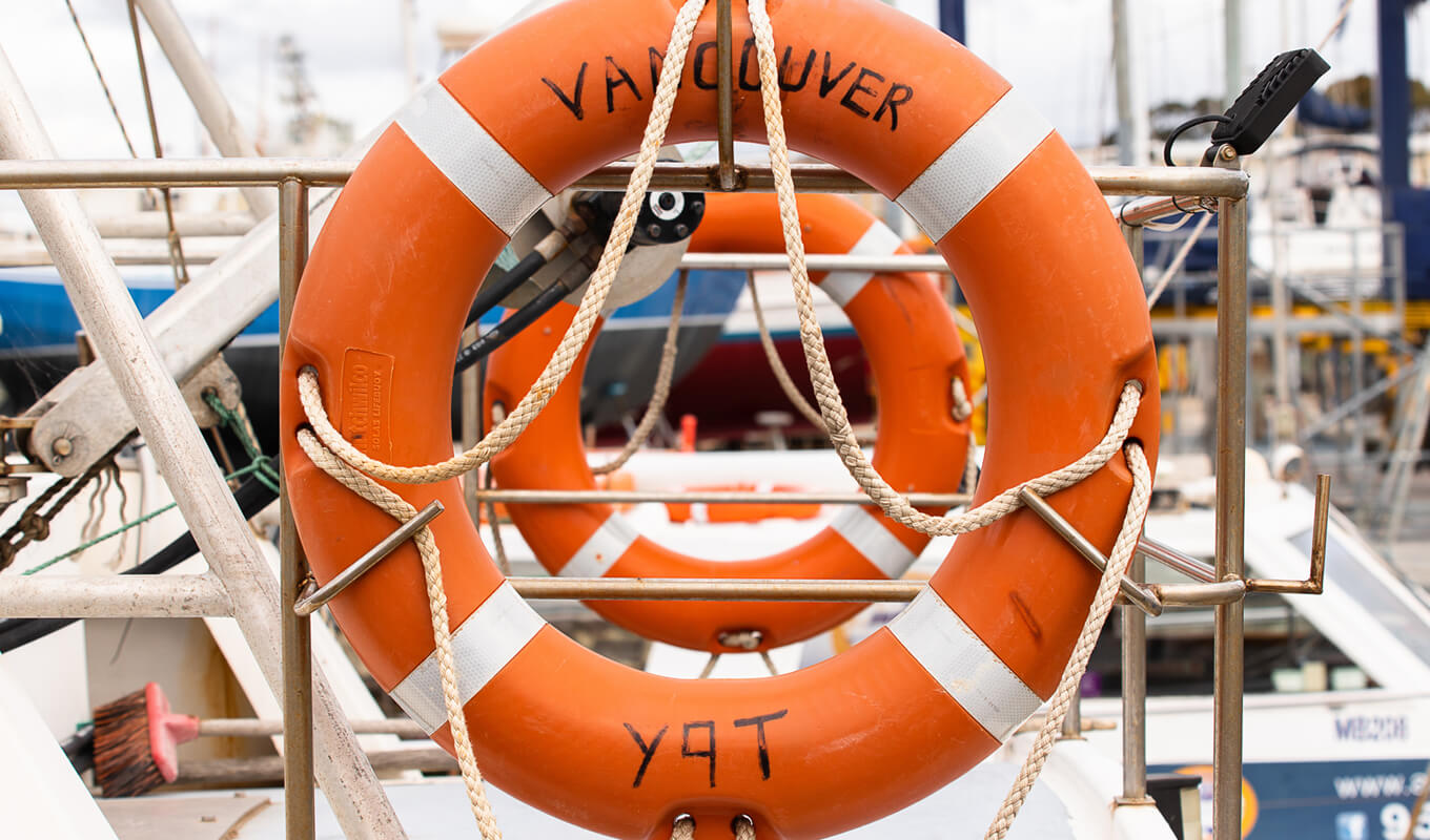 Life buoy with ropes for towing