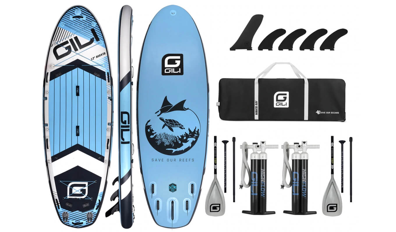 Blue manta ray inflatable paddle board package