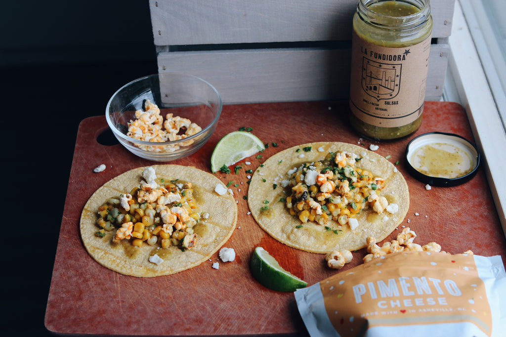 Elote (Mexican Street Corn) Tacos With Crumbled Pimento Cheese Popcorn & Fresca Salsa