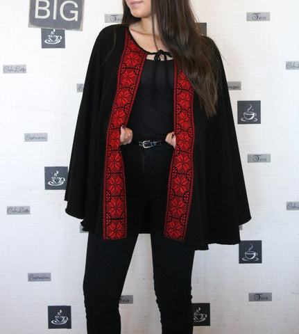 Black Open Cape (poncho) with Red Embroidery