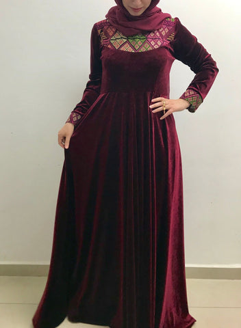 embroidered red velvet dress