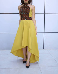 Breathtaking One Piece Yellow Palestinian Special Style Short Front Sleeveless Dress With Brown Amazing Embroidery
