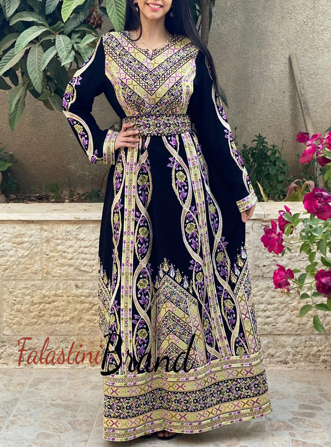 Sonbola Stylish Gold and Black Palestinian Embroidered Thobe Dress