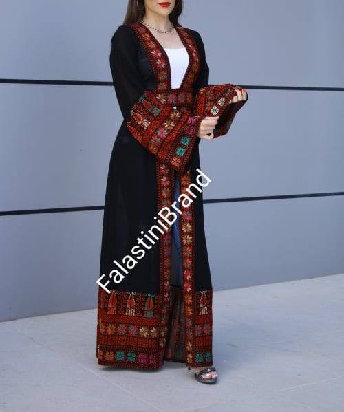 Breathtaking Black Palestinian Georgette Embroidered Open Abaya Dress Long Sleeve With Stylish Embroidery
