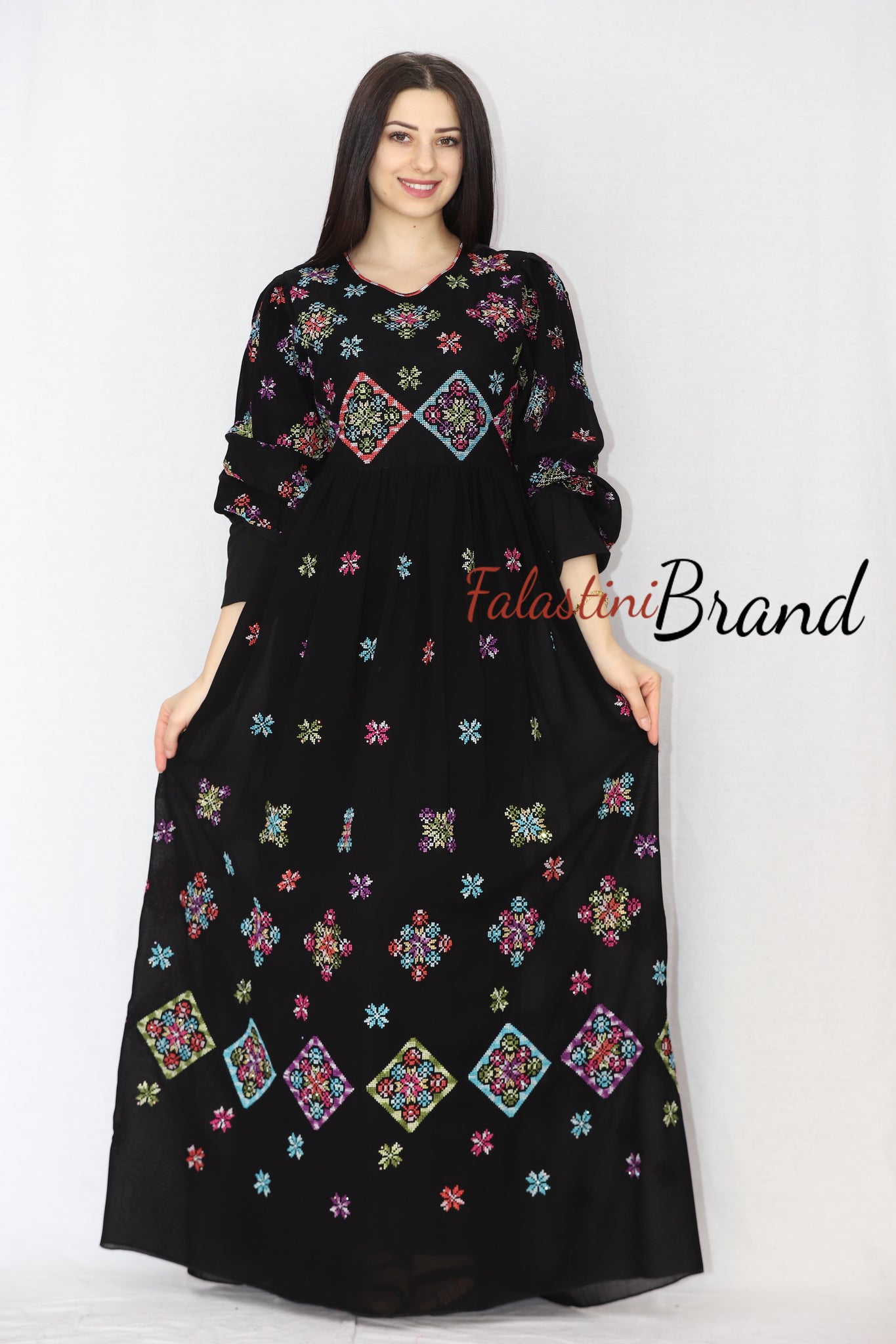 Wonderful Floral Black Cloche Long Dress Palestinian Embroidery