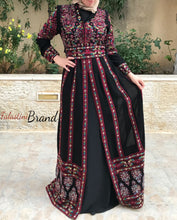 Stylish 2 Pieces Black & Red Palestinian Embroidered Thobe Dress Inlaid With Rhinestones