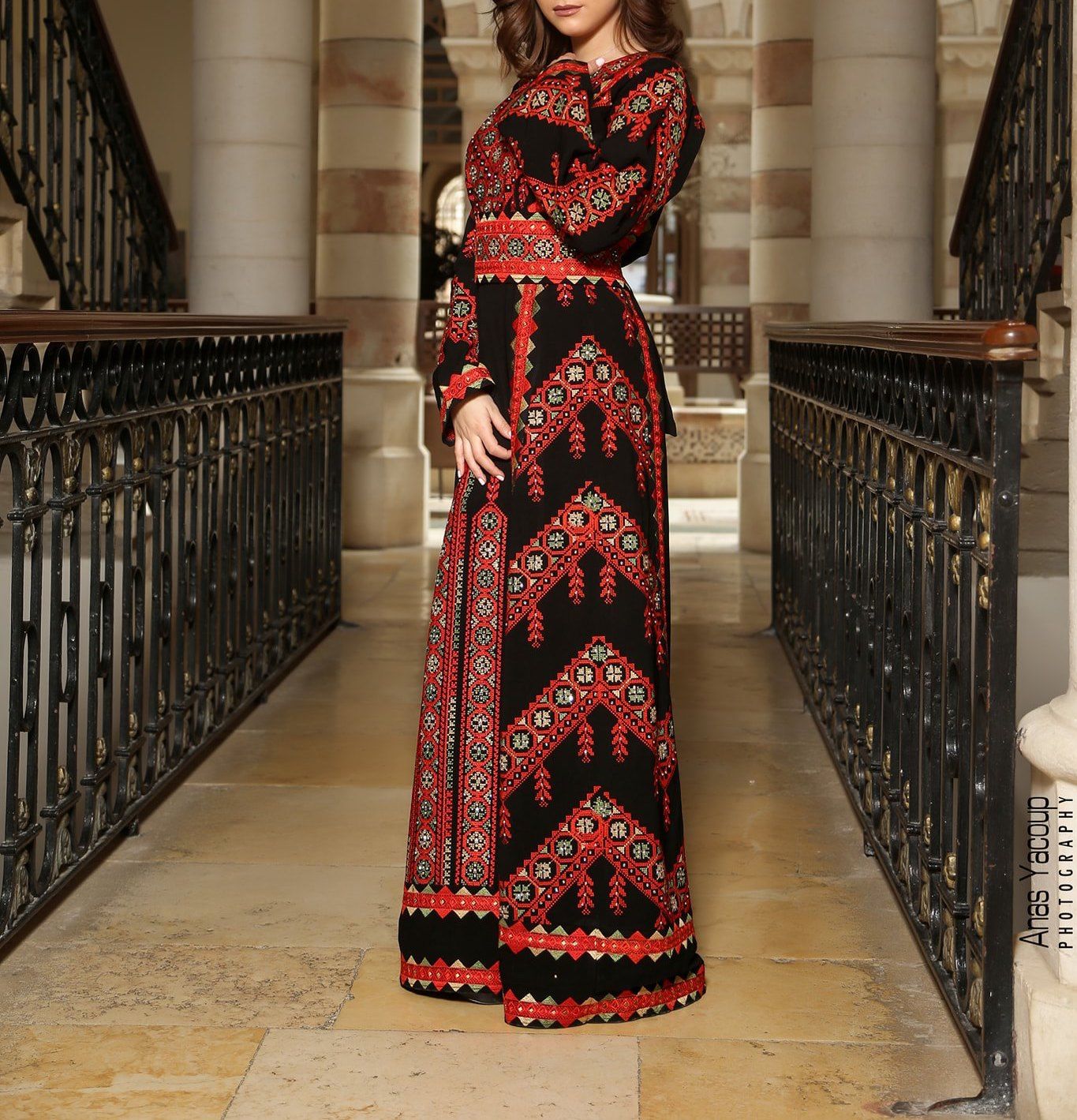 Manajil Samer Palestinian Embroidered Black and Red Thobe Maxi ...