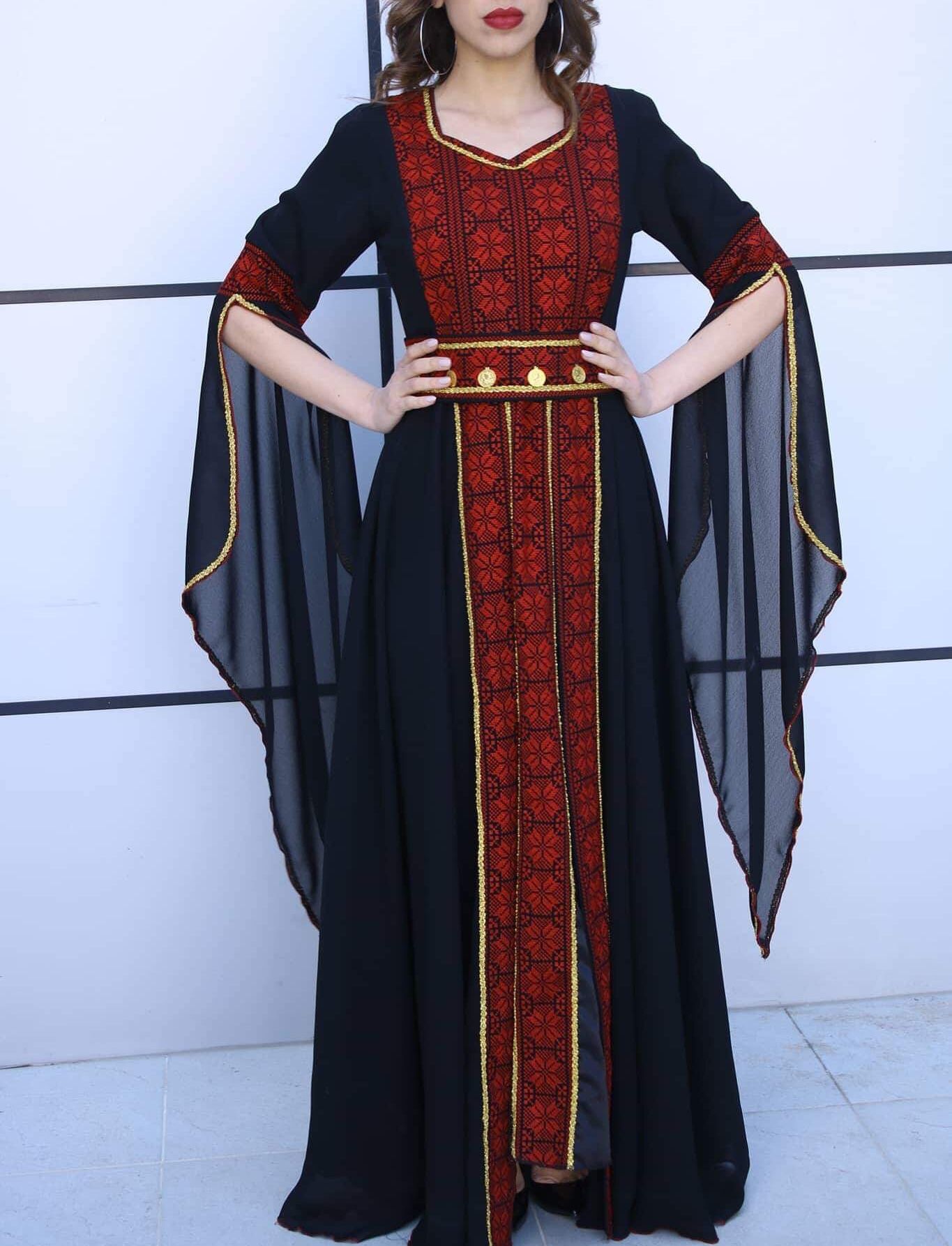 Elegant Palestinian Thobe Maxi Dress Black and Red Charming Embroidery Flowy  Sleeves