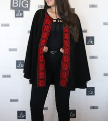 Black open cape (poncho) with red embroidery