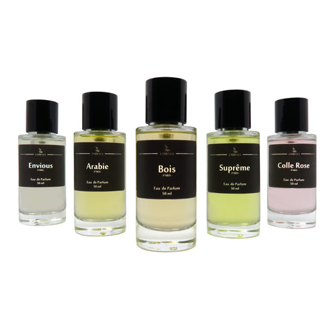 Cette image montre la collection de parfums EMIRNES : Parfums Bois, Colle, Aventus, Suprême Bouquet, Rose d'Arabie