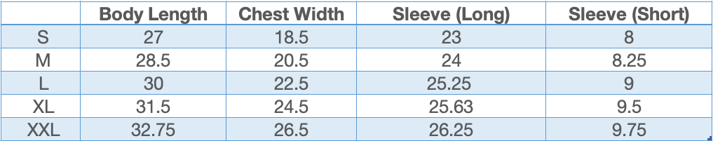 Chesapeake Collection Size Chart