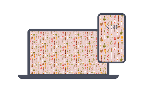 Mock up of a laptop and phone with a light pink wallpaper that has spellcaster items as a pattern.