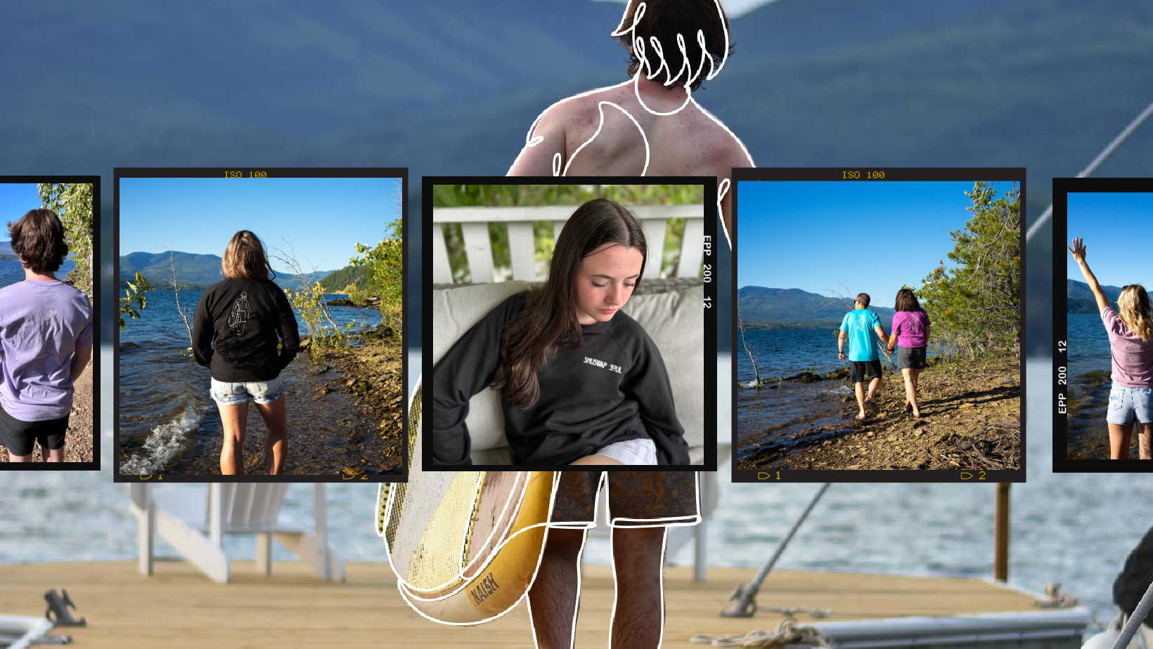 A photo of a man with a paddleboard and a line drawing around his silhouette. On top of that main image are five smaller images that look like they are part of an old film strip. From left to right, the first is a man in a purple Shuswap shirt looking at the lake, then a photo of a women in a black Shuswap sweater looking out at the lake, the middle one is a girl sitting on a chair looking reflective, the fourth is a couple holding hands walking along the beach away from the camera and the last shot is a woman with on a beach with her hands up in celebration. 