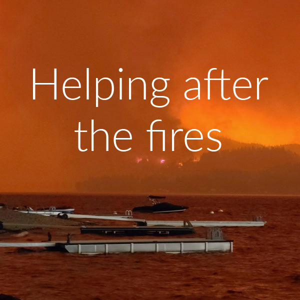 Image of the fires at Shuswap - image is taken from across the lake looking at the north shore. There are boats and docks in the foreground and the flames are visible from across the lake