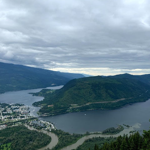 This is the view from the Sicamous Lookout looking down at Sicamous with the Salmon Arm of Shuswap Lake and Mara Lake in the background. This picture was taken on a cloudy day with dramatic skies. This view is one of the many viewpoints around Shuswap Lake. 