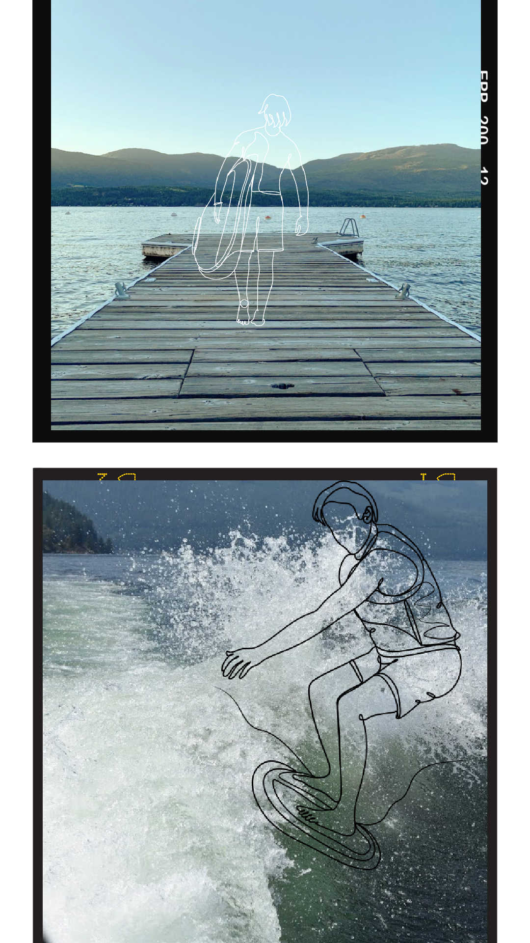 There are two film strip pictures in this image. The top one is of a dock on the water at Shuswap Lake with an illustration of a man walking with a paddleboard towards the lake. The second image is of the wake behind a boat on Shuswap Lake with an illustration of a man surfing.