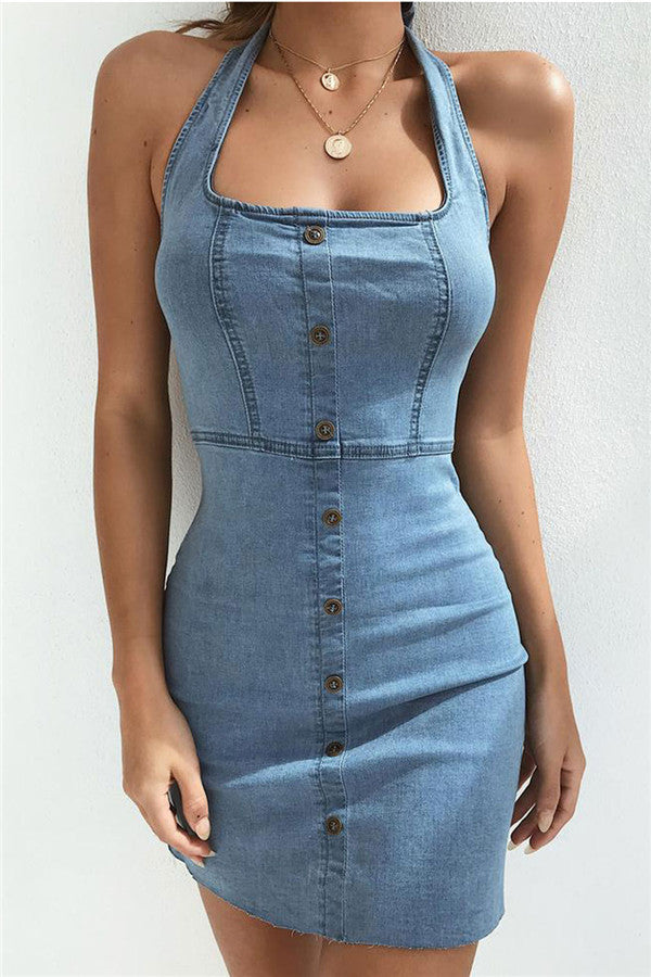 backless denim dress