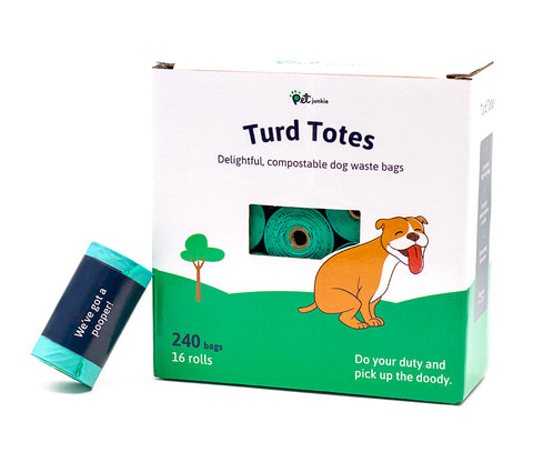 Compostable poop bags with fun labels on roll