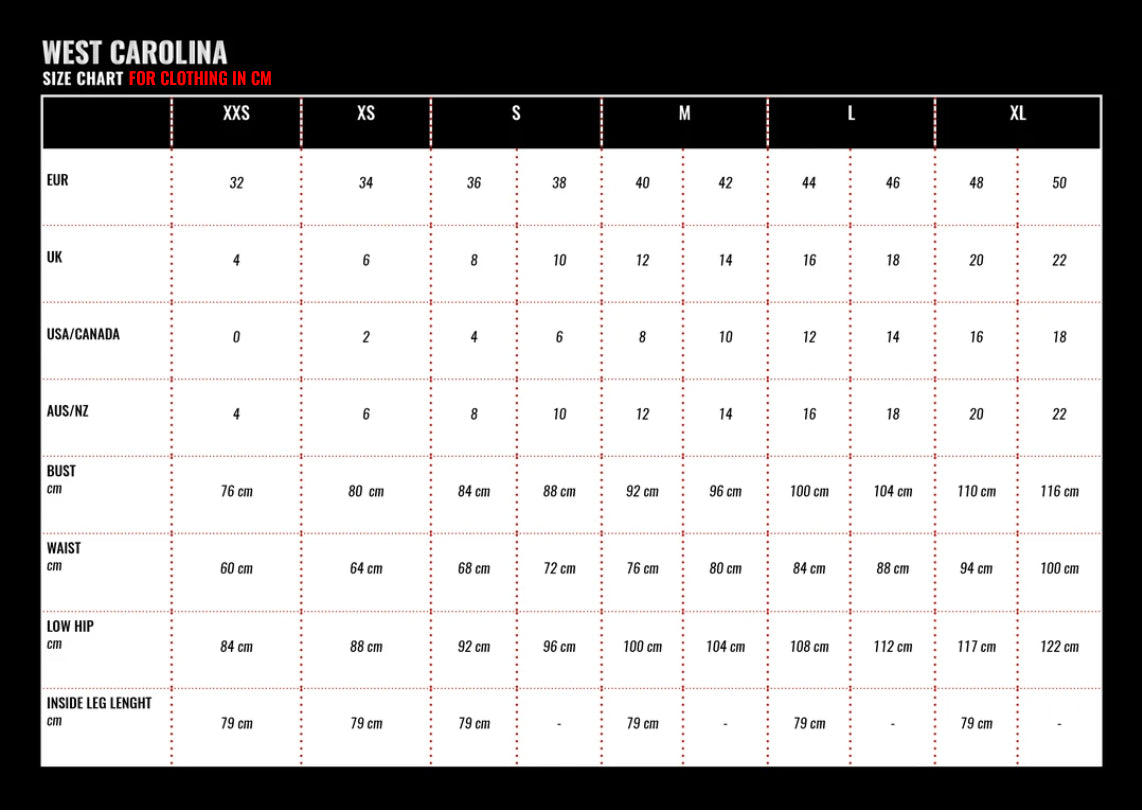 west carolina size guide for clothing in cm