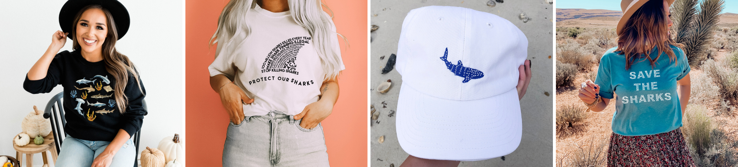 collage of chinesemandaringarden products - woman wearing shirt with sharks, woman wearing shark fin tshirt, whale shark cotton cap, and save the sharks tshirt