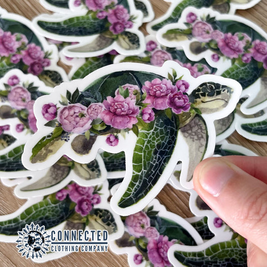 Sea Turtle Flowers Purple Sticker - sharonkornman - 10% of proceeds donated to ocean conservation