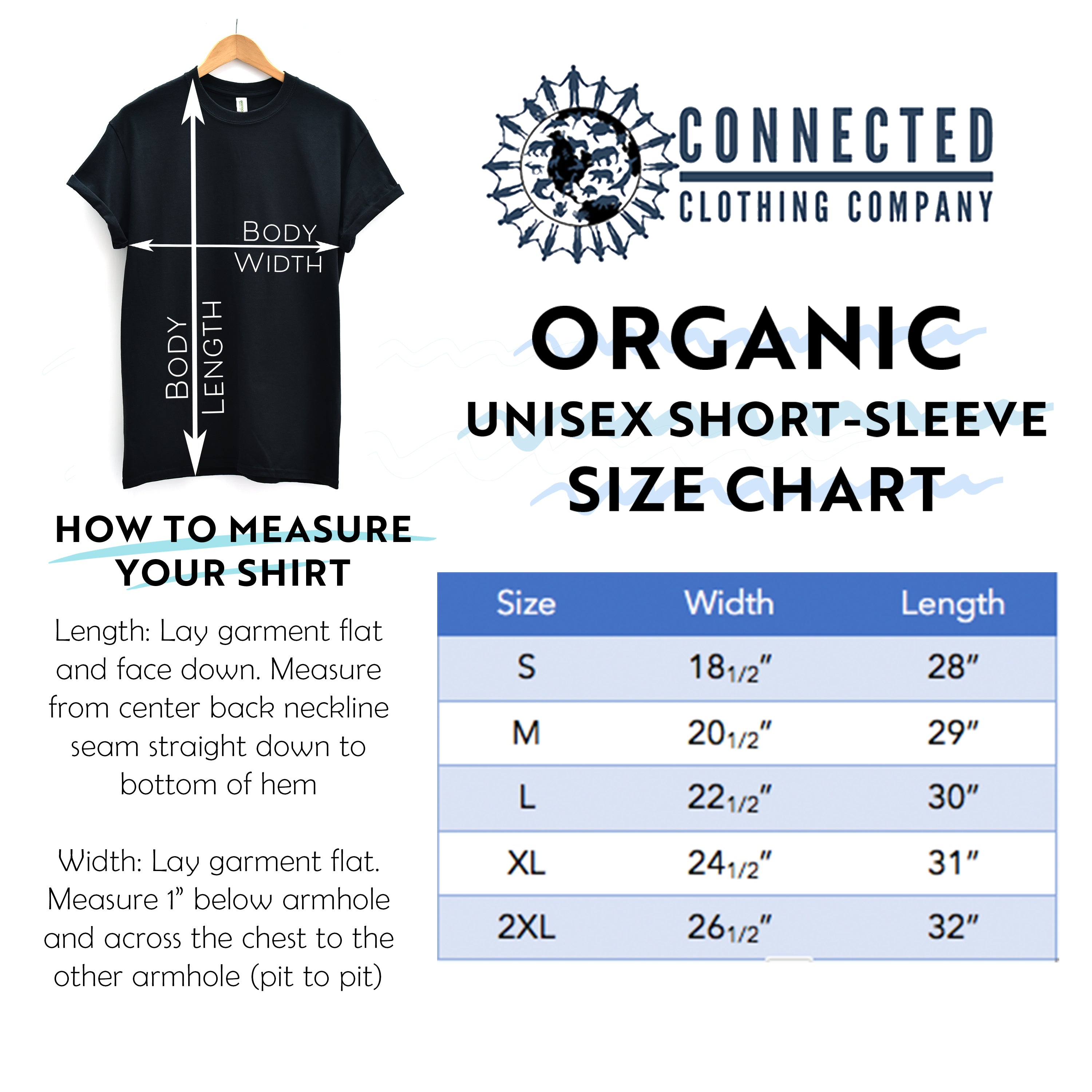 Organic Cotton Unisex Short-Sleeve Tee Size Chart - marktwainstoryteller - Ethically and Sustainably Made - 10% donated to Mission Blue ocean conservation