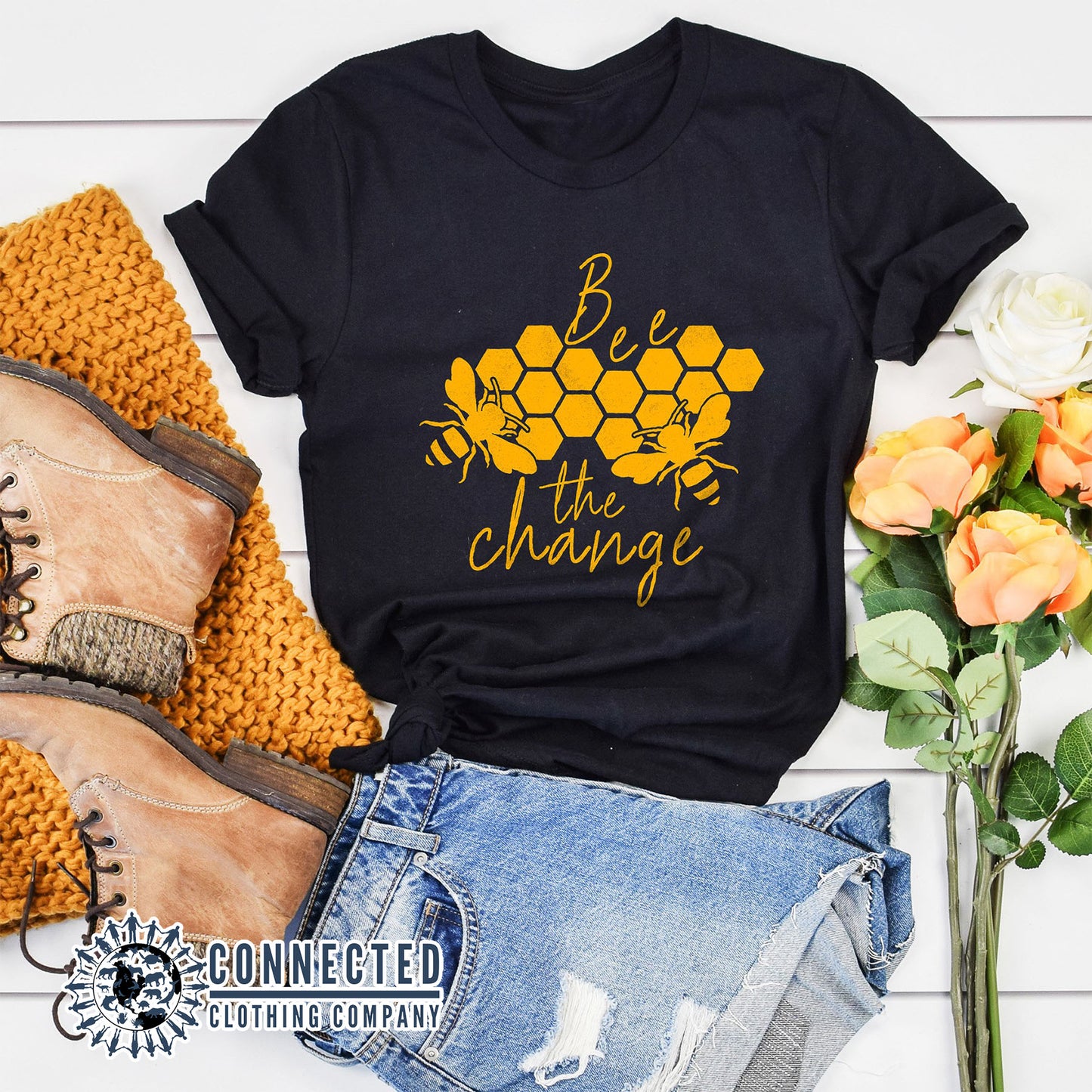 Black Organic Cotton Bee The Change Short-Sleeve Tee - sharonkornman - Ethically and Sustainably Made - 10% of profits donated to the Honeybee Conservancy