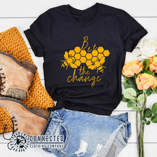 Black Organic Cotton Bee The Change Short-Sleeve Tee - architectconstructor - Ethically and Sustainably Made - 10% of profits donated to the Honeybee Conservancy