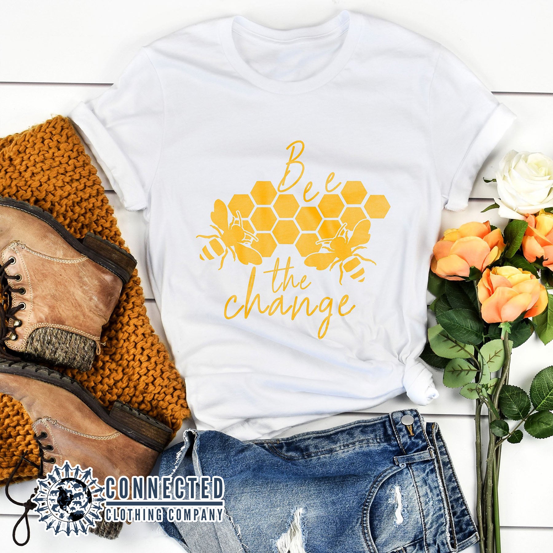 White Organic Cotton Bee The Change Short-Sleeve Tee - sharonkornman - Ethically and Sustainably Made - 10% of profits donated to the Honeybee Conservancy