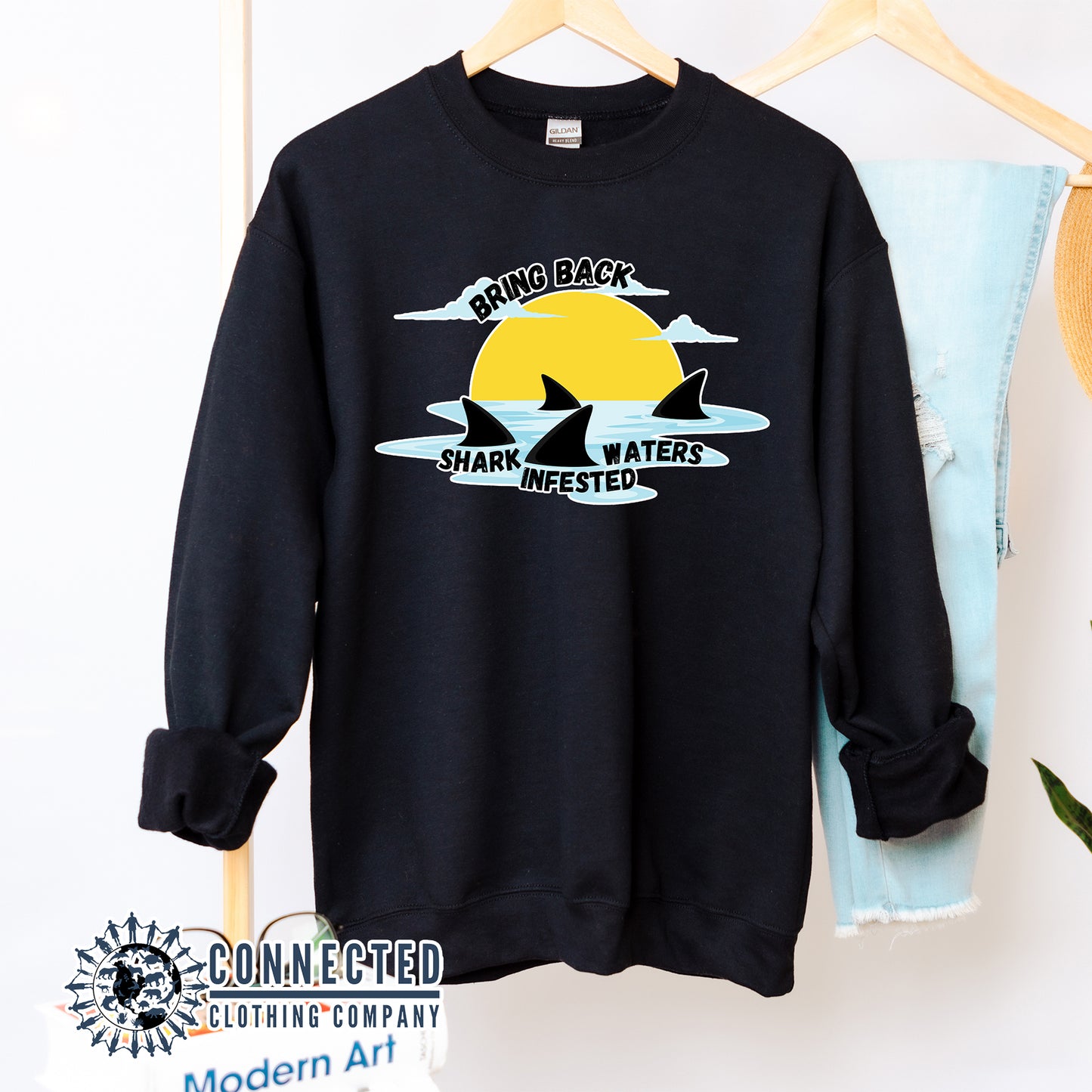 Black Bring Back Shark Infested Waters Unisex Crewneck Sweatshirt - sweetsherriloudesigns - Ethically and Sustainably Made - 10% of profits donated to shark conservation and ocean conservation