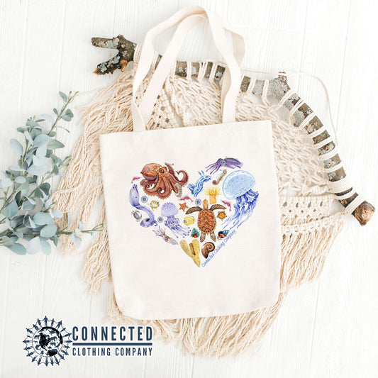 Heart Ocean Sea Creatures Tote Bag - sharonkornman - 10% of proceeds donated to ocean conservation