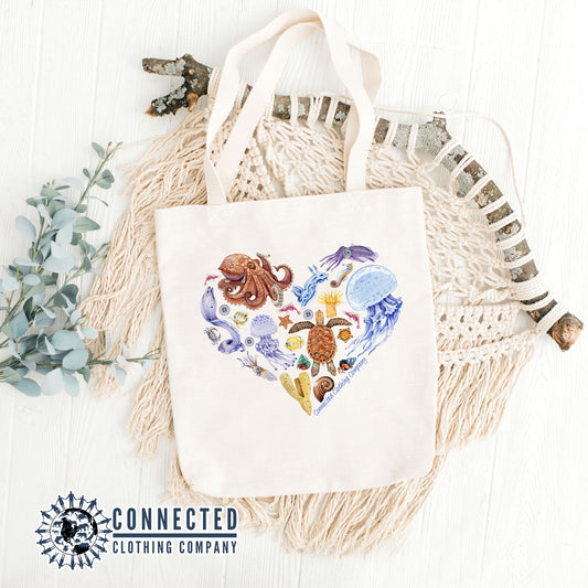 Heart Ocean Sea Creatures Tote Bag - architectconstructor - 10% of proceeds donated to ocean conservation