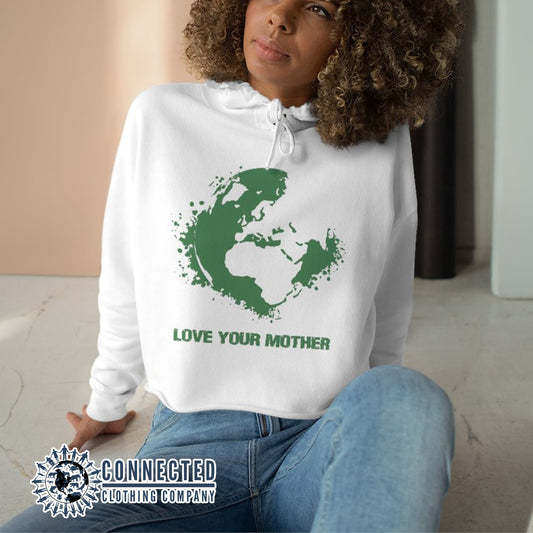 Model Wearing White Love Your Mother Earth Crop Hoodie - architectconstructor - Ethically and Sustainably Made - 10% donated to the Environmental Defense Fund