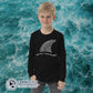Model Wearing Black Protect Our Sharks Youth Long-Sleeve Tee - sweetsherriloudesigns - Ethically and Sustainably Made - 10% donated to Oceana shark conservation