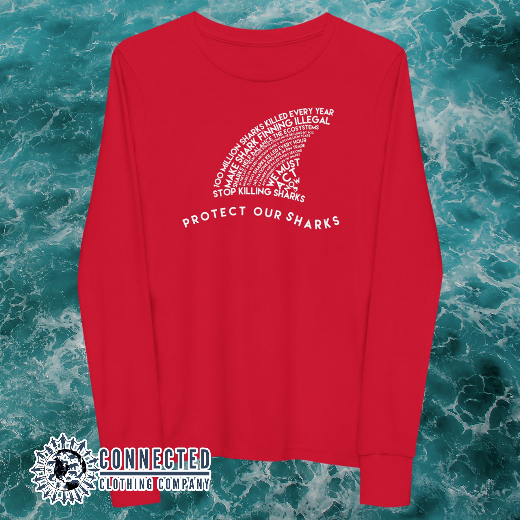 Red Protect Our Sharks Youth Long-Sleeve Tee - sweetsherriloudesigns - Ethically and Sustainably Made - 10% donated to Oceana shark conservation