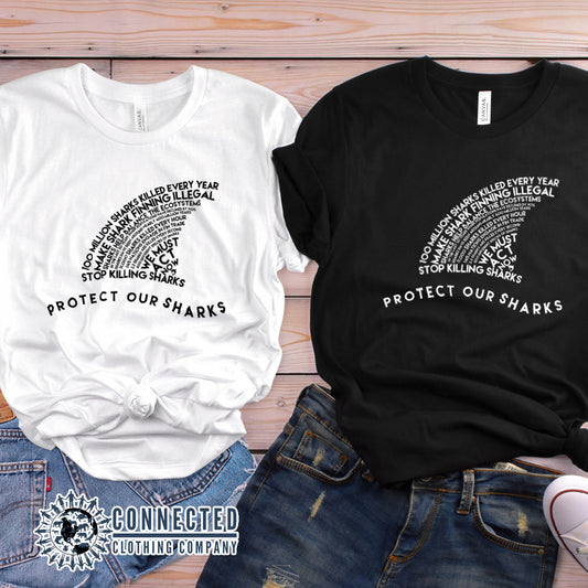 Black and White Protect Our Sharks Short-Sleeve Tees - getpinkfit - Ethically and Sustainably Made - 10% of profits donated to shark conservation and ocean conservation