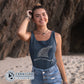 Model Wearing Navy Blue Protect Our Sharks Women's Relaxed Tank Top - sharonkornman - Ethically and Sustainably Made - 10% of profits donated to Oceana shark conservation