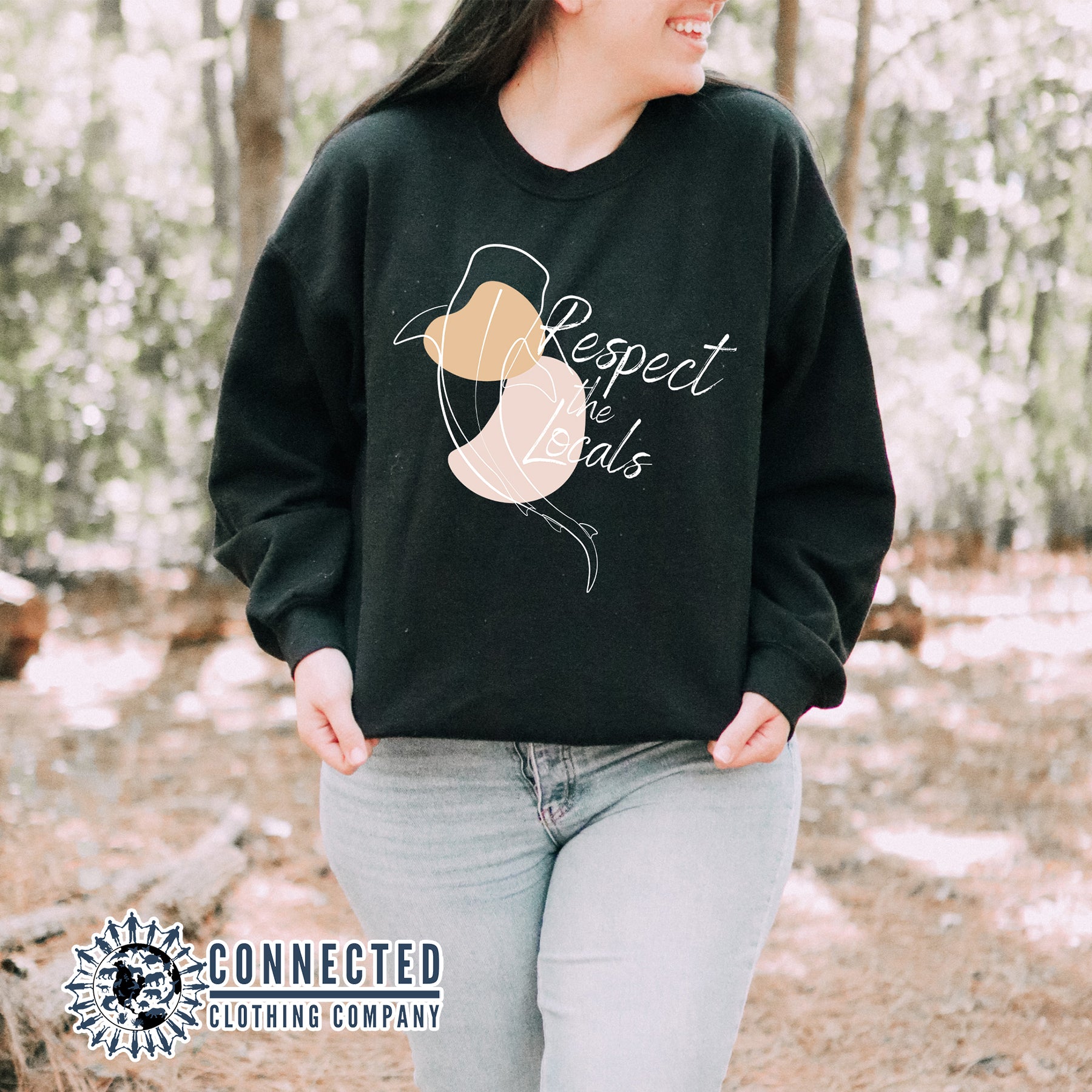 Model Wearing Black Respect The Locals Whale Shark Unisex Crewneck Sweatshirt - sweetsherriloudesigns - Ethically and Sustainably Made - 10% of profits donated to shark conservation and ocean conservation