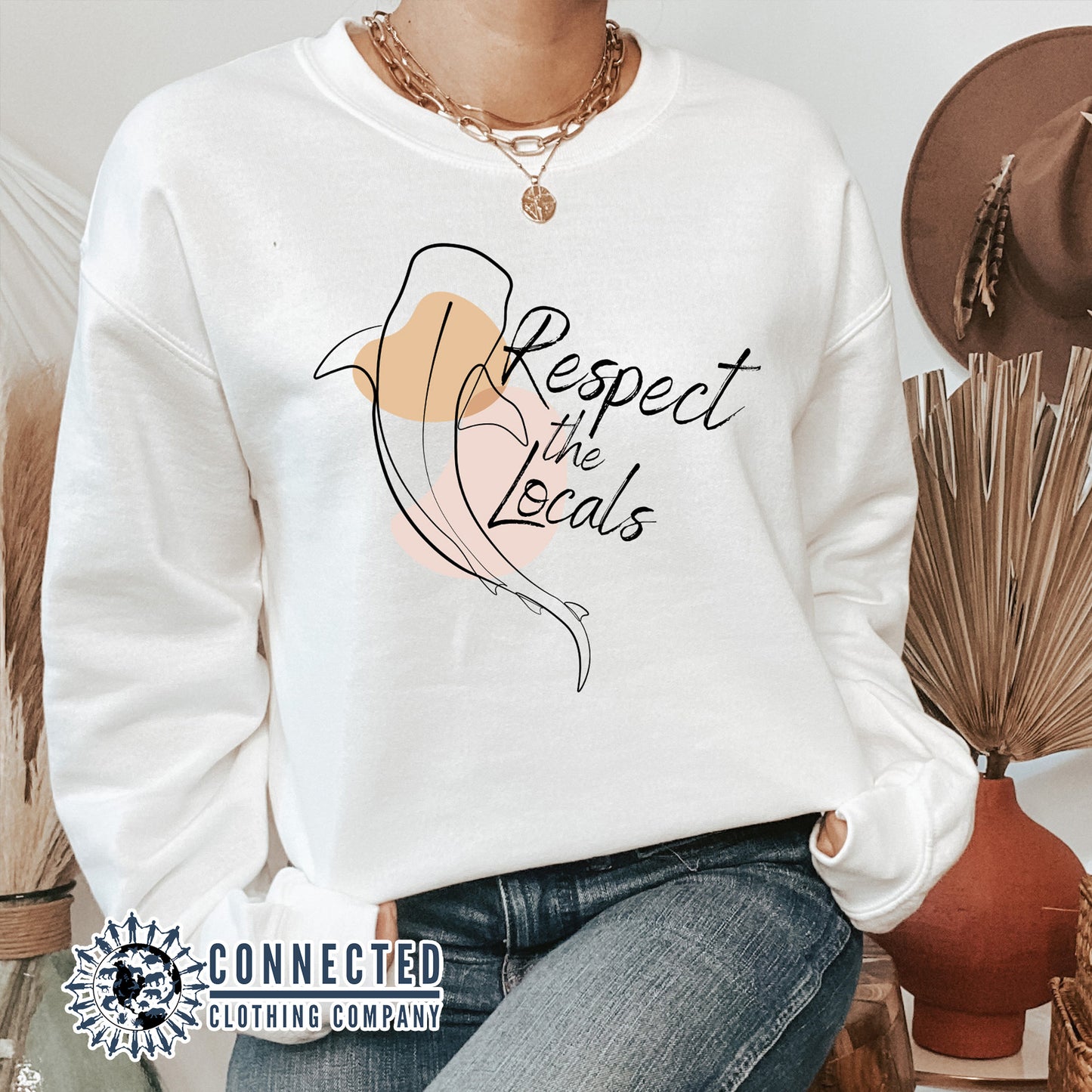 Model Wearing White Respect The Locals Whale Shark Unisex Crewneck Sweatshirt - sweetsherriloudesigns - Ethically and Sustainably Made - 10% of profits donated to shark conservation and ocean conservation