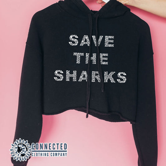Hand Holding Black Save The Sharks Crop Hoodie - sweetsherriloudesigns - Ethically and Sustainably Made - 10% donated to Oceana shark conservation