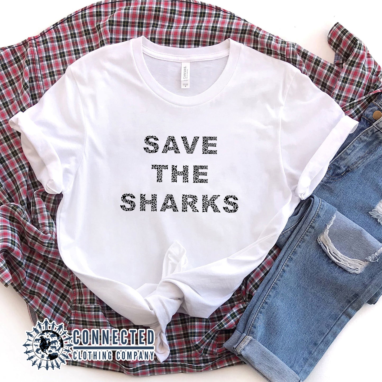 White Save The Sharks Short-Sleeve Unisex T-Shirt reads "Save The Sharks." - architectconstructor - Ethically and Sustainably Made - 10% donated to Oceana shark conservation