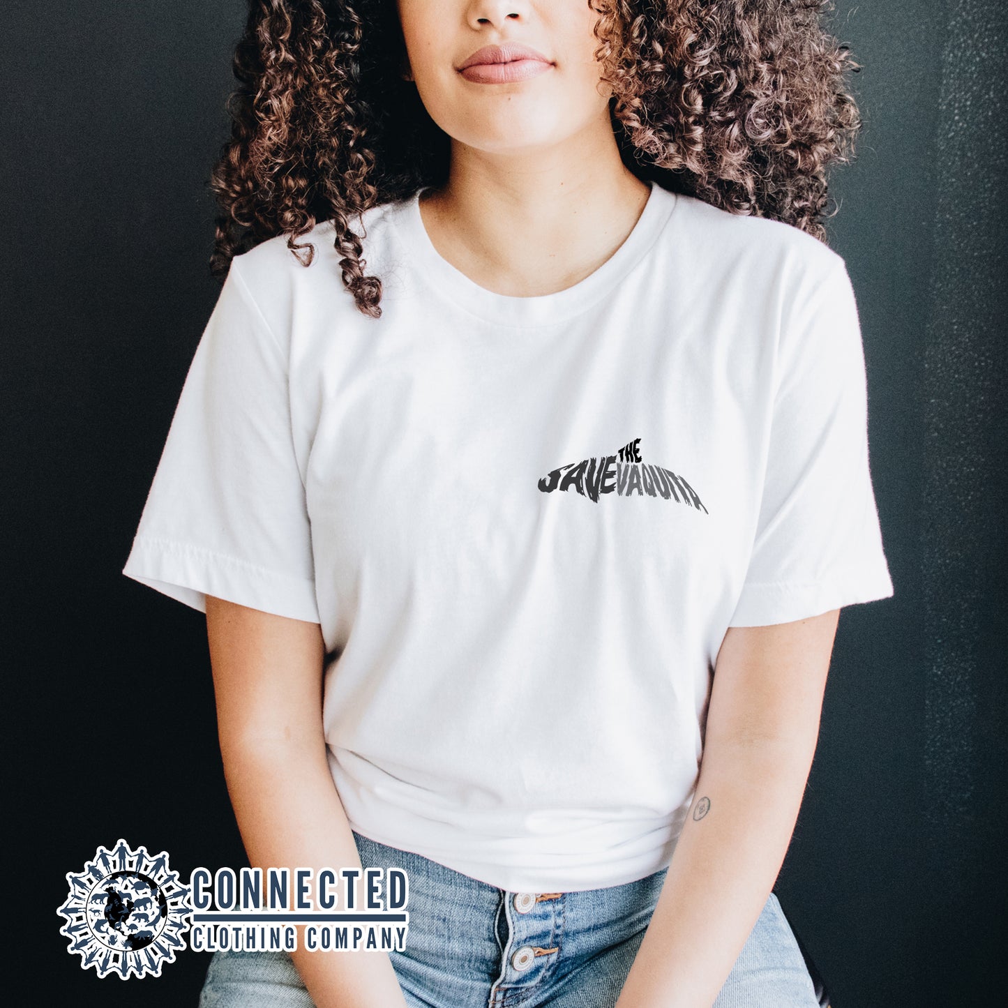 Model Wearing White Save The Vaquita Short-Sleeve Tee - sweetsherriloudesigns - Ethically & Sustainably Made - 10% of profits donated to vaquita porpoise conservation