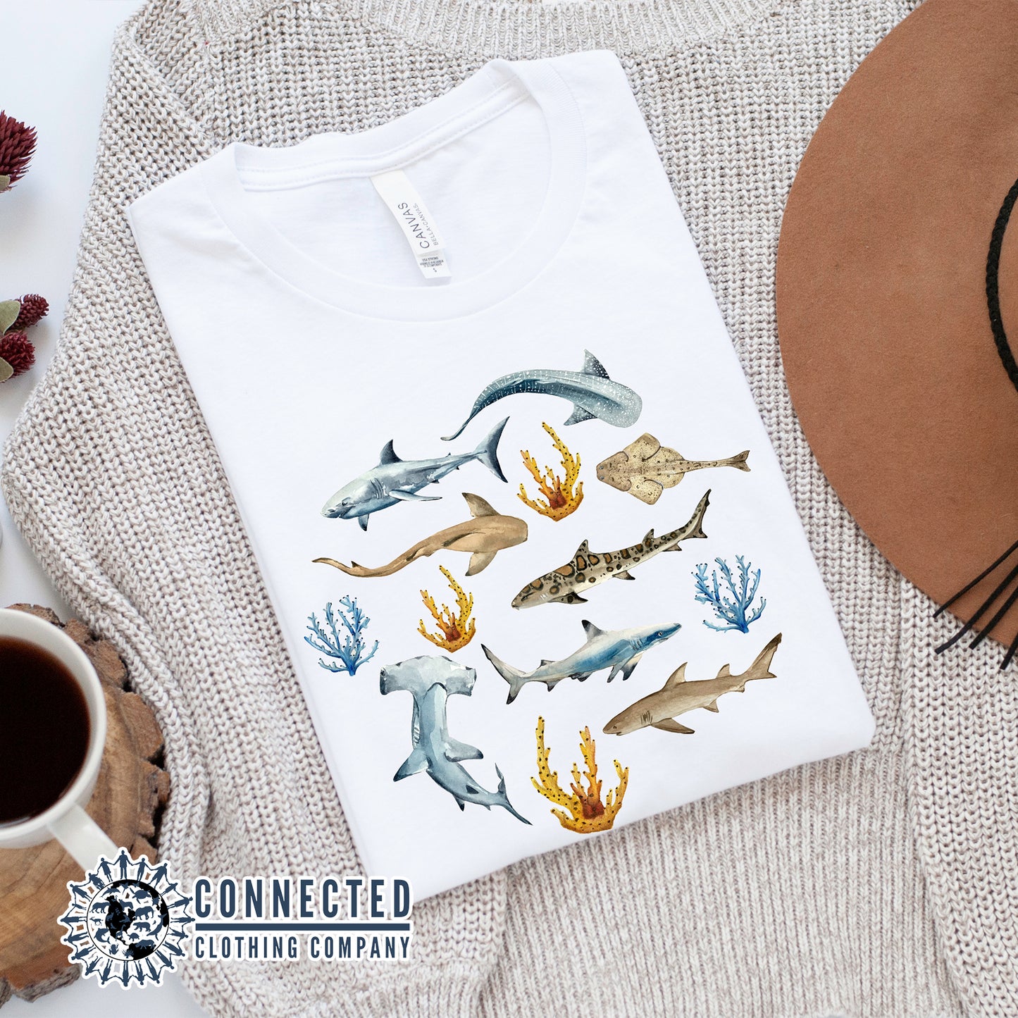 Folded White Shark Ocean Watercolor Unisex Short-Sleeve Tshirt - sweetsherriloudesigns - Ethically and Sustainably Made - 10% of profits donated to shark conservation and ocean conservation