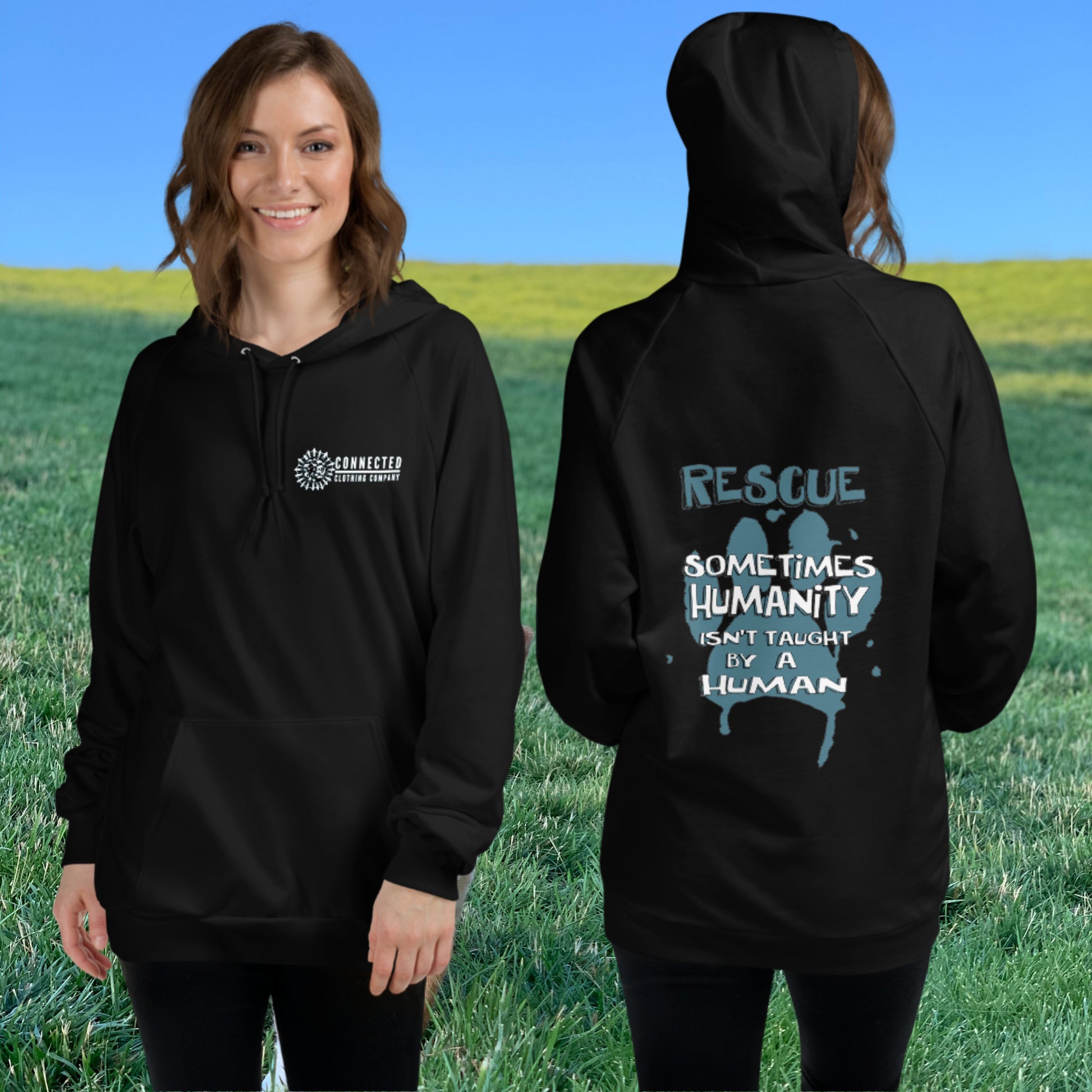 Model Wearing Black Show Humanity Unisex Hoodie - sweetsherriloudesigns - Ethically and Sustainably Made - 10% donated to 
